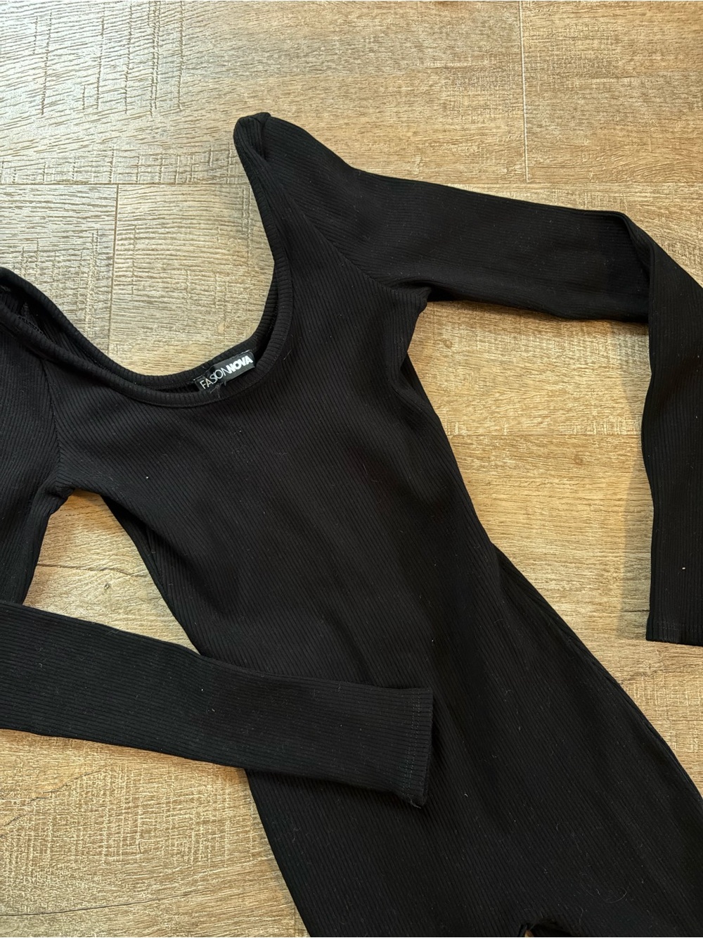 Fashion Nova Black Ribbed Scoop Neck Long Sleeve Bodycon Dress